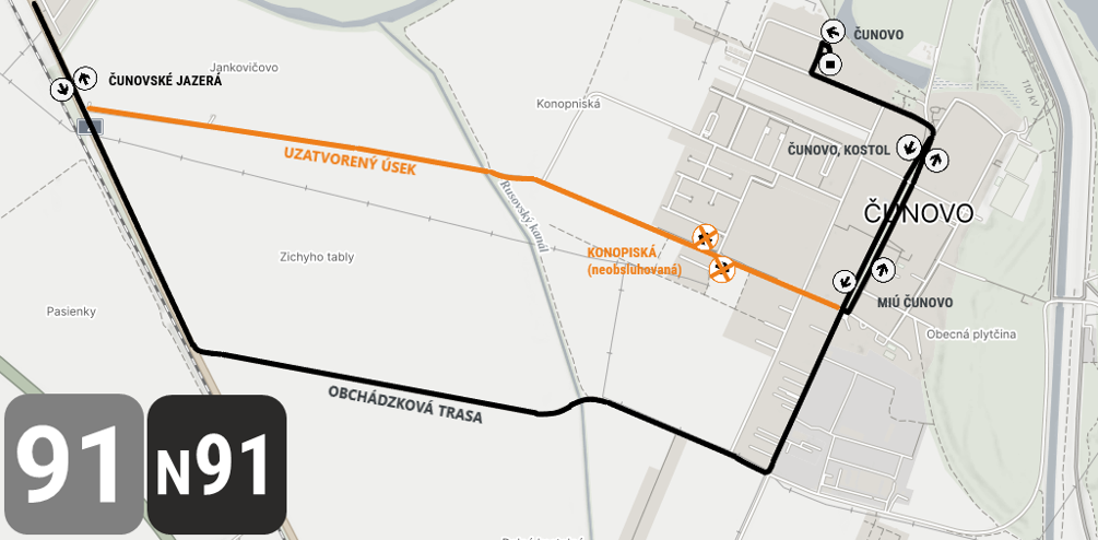 Mapa obchádzok liniek MHD v Čunove.