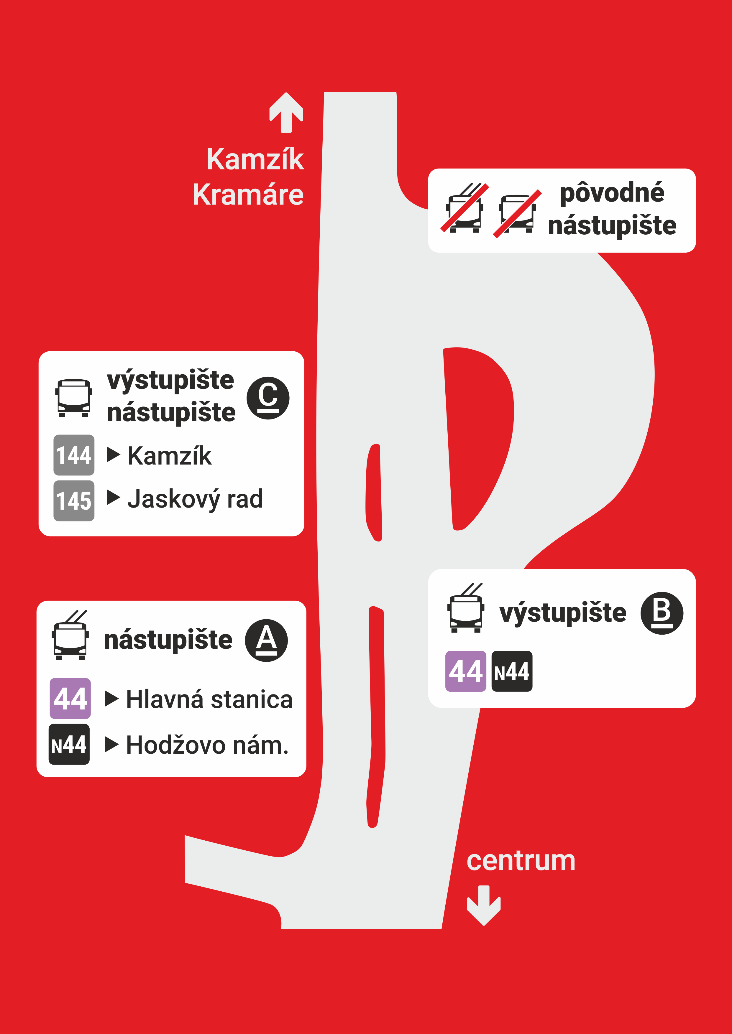 Mapa so znázornením polôh zastávok MHD v oblasti.